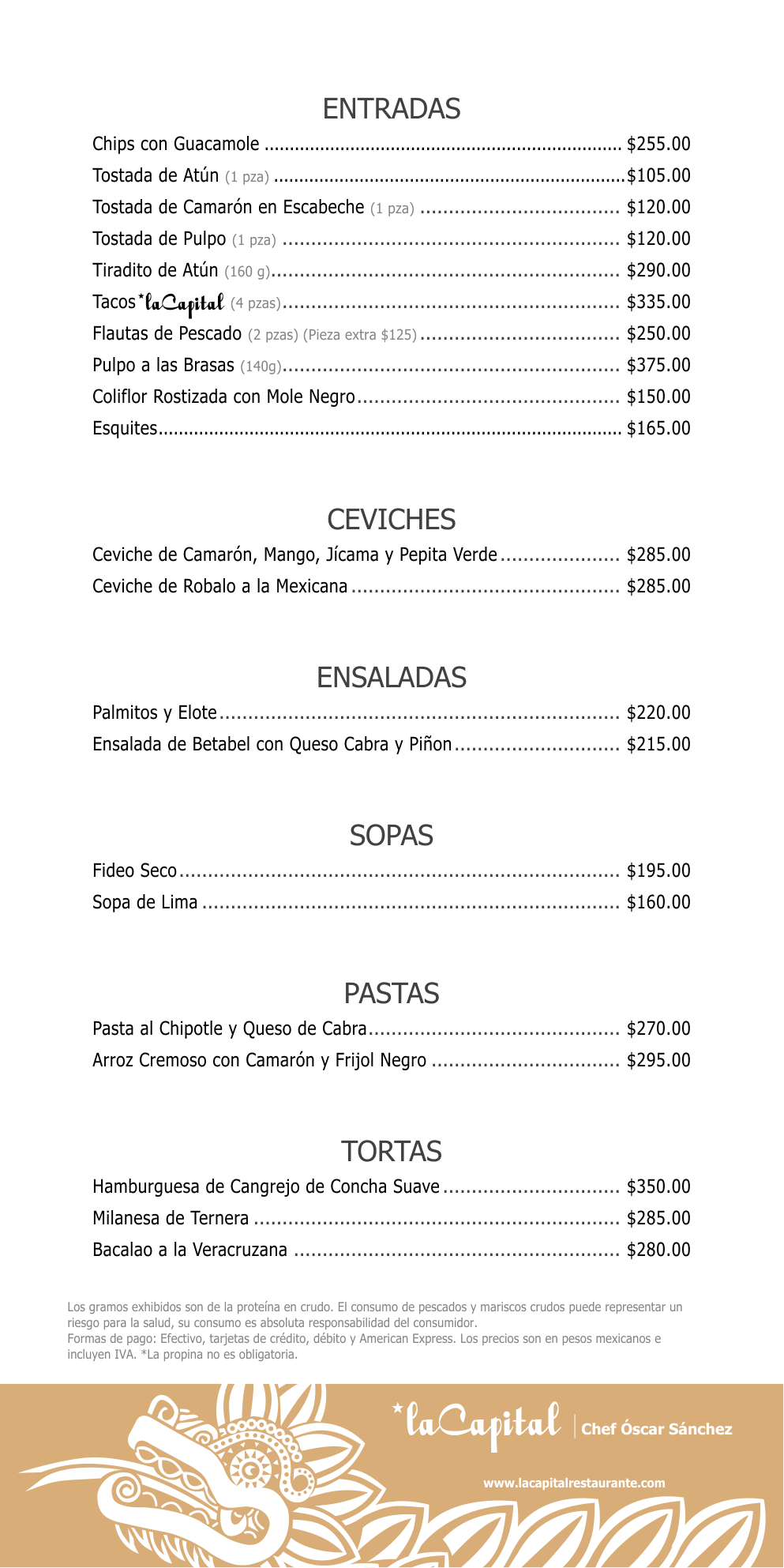 Menu La Capital, pagina 1: entradas, ceviches, ensaladas, sopas, pastas y tortas.