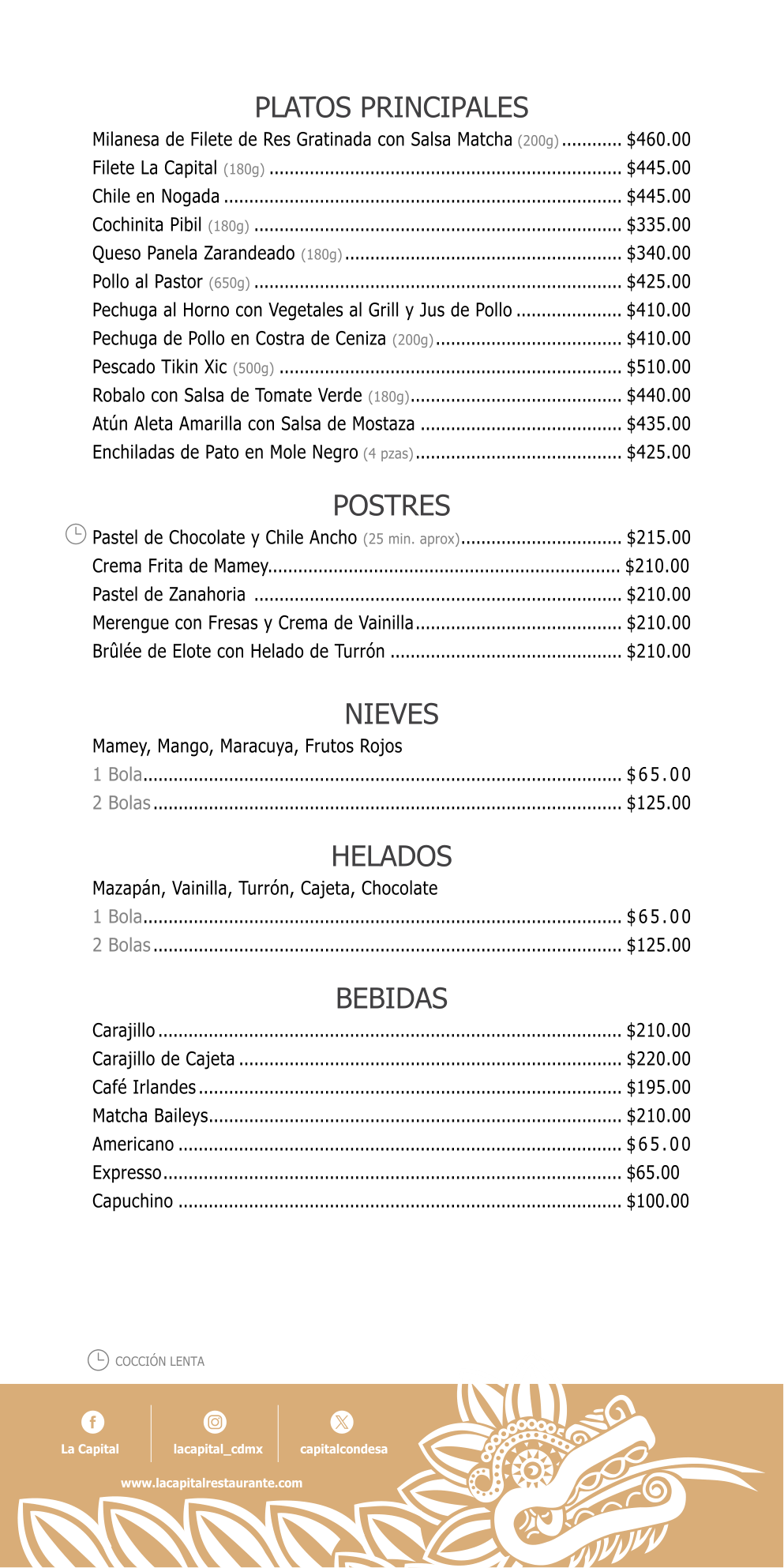 Menu La Capital, pagina 2: platos principales, postres, nieves, helados y bebidas.