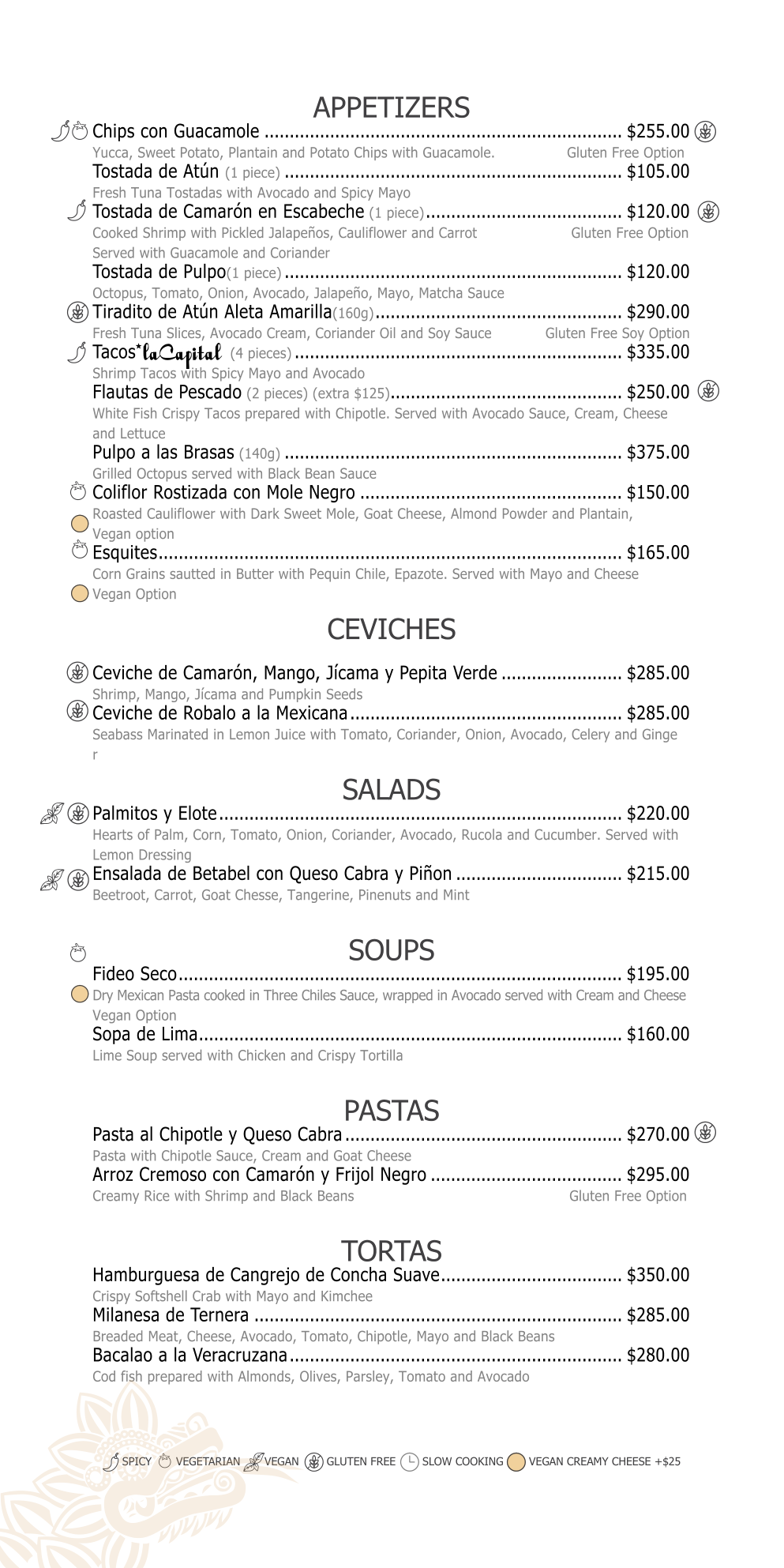 Menu La Capital, pagina 3: appetizers, ceviches, salads, soups, pastas and tortas.