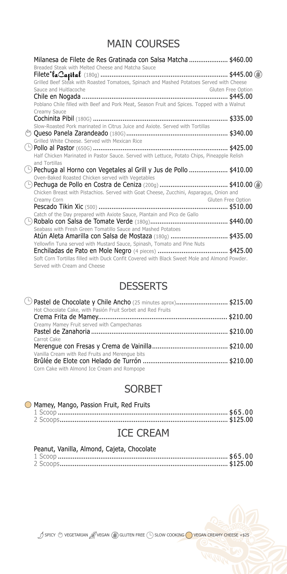 Menu La Capital, pagina 4: main courses, desserts, sorbet and ice cream.